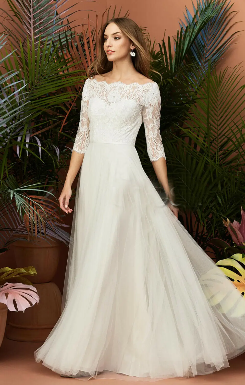 VENSANAC Boat Neck Lace Appliques A Line Wedding Dress Illusion 3/4 Sleeve Sweep Train Tulle Bridal Gown