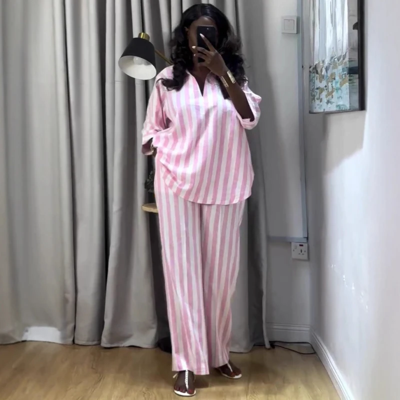 New African Fashion Women Two Piece Set Pink Striped Printed Blouse Top And Wide Leg Pants Set Female Casual