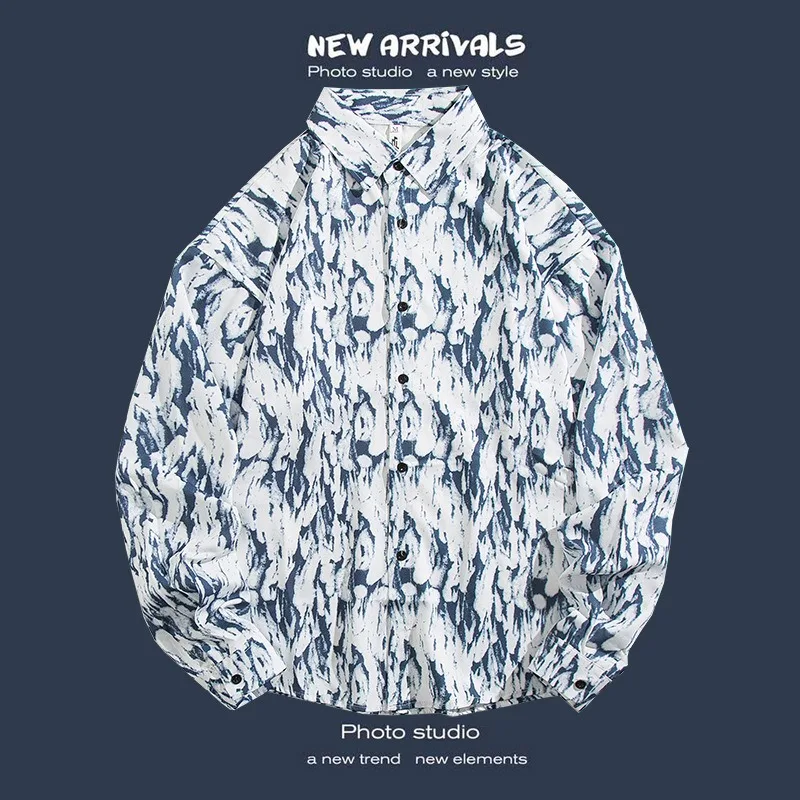 쿠바산 거친 면 민족 스타일 긴 소매 셔츠 봄과 가을 미국 남녀 기하학적 패턴 버튼 코트 셔츠