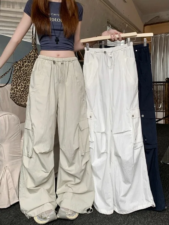 

Американские женские брюки-карго с высокой талией и широкими штанинами, новинка лета 2026, большие размеры, модные повседневные универсальные брюки на шнурке, длина в пол