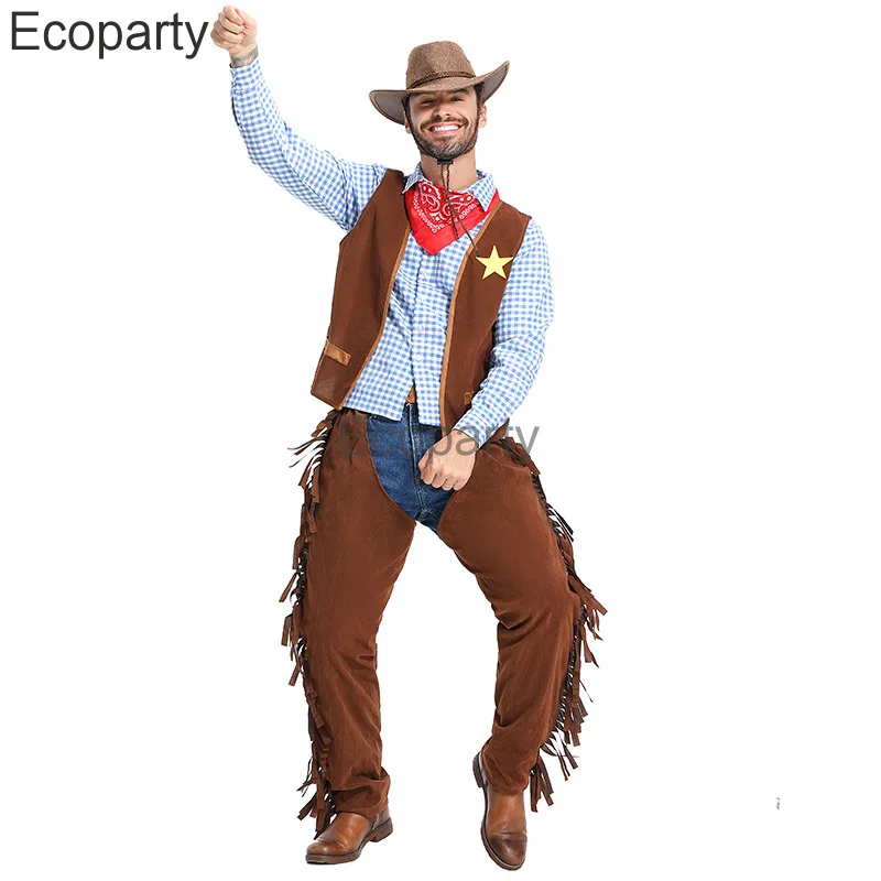 Brown Cowboy Wild West Costume Mens Western Cowboy Adult Fancy Dress Costumes