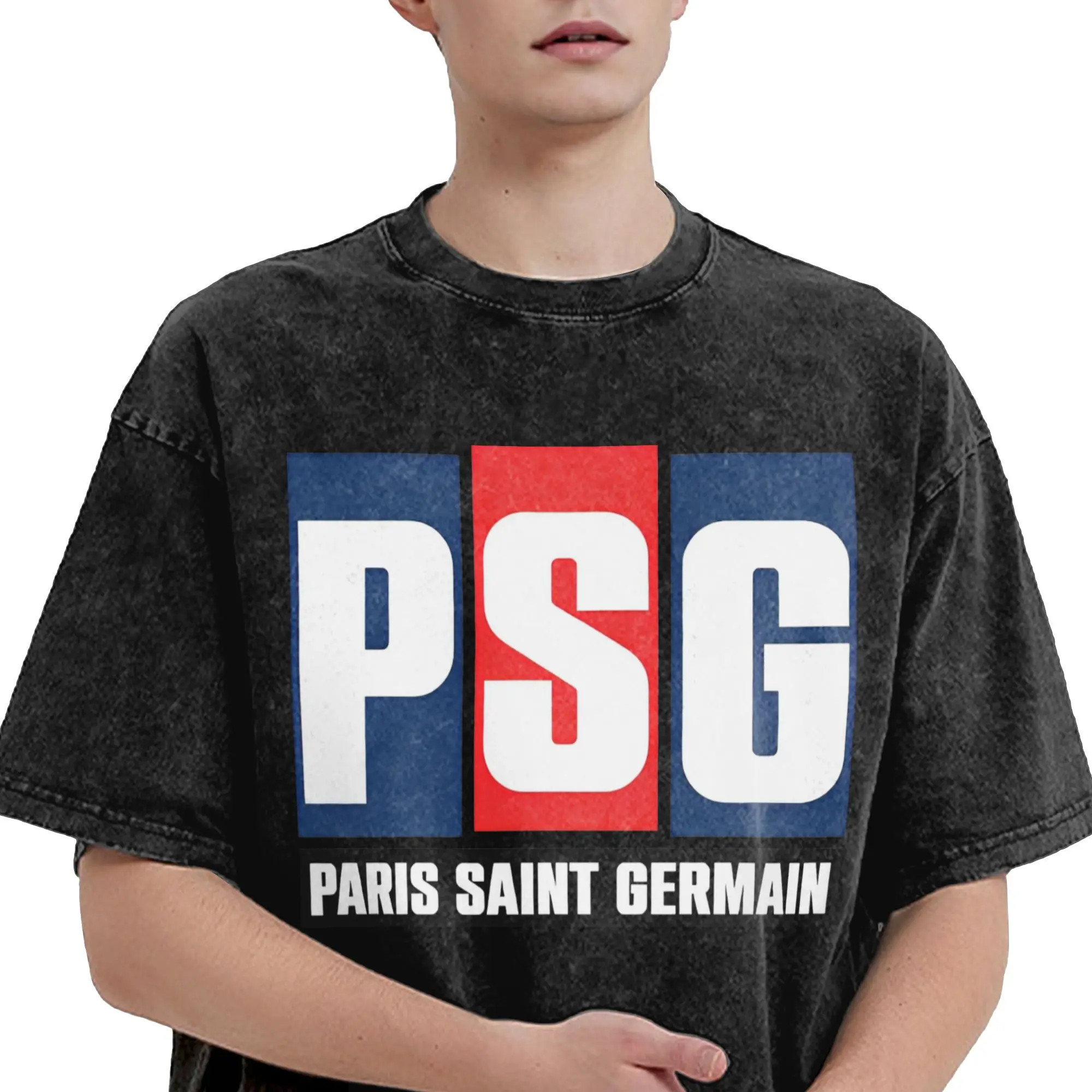 تي شيرت هاراجوكو تي شيرت بأكمام قصيرة بلايز عتيقة بشعار PSG صيفي قطني مريح كبير الحجم تي شيرت