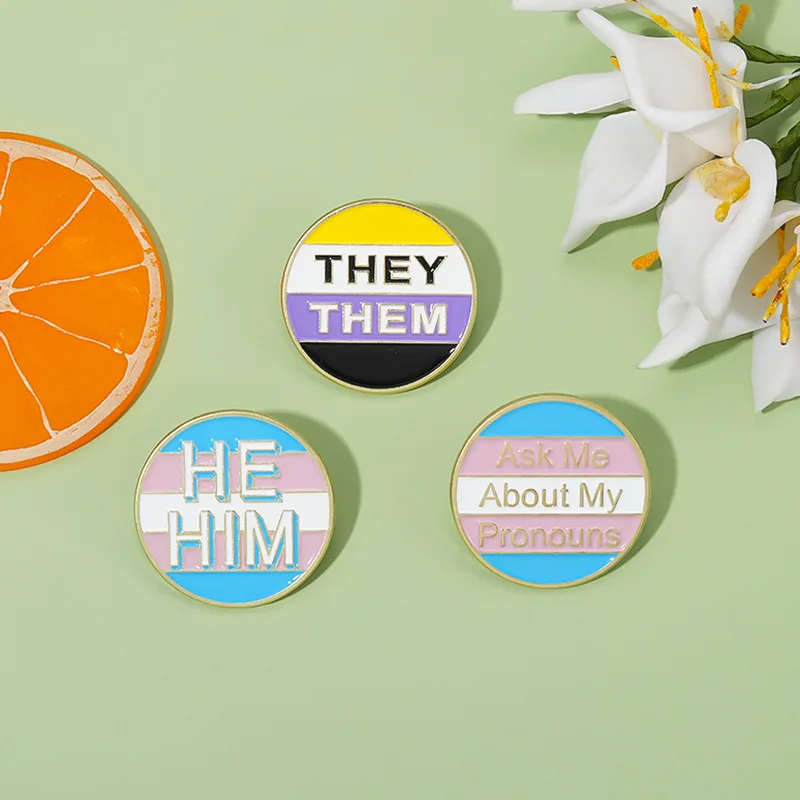 Ask Me About My Pronouns Enamel Pins HE HIM THEY THEM Brooches Lapel Badges LGBT Wholesale Jewelry Gift for Lovers Friends