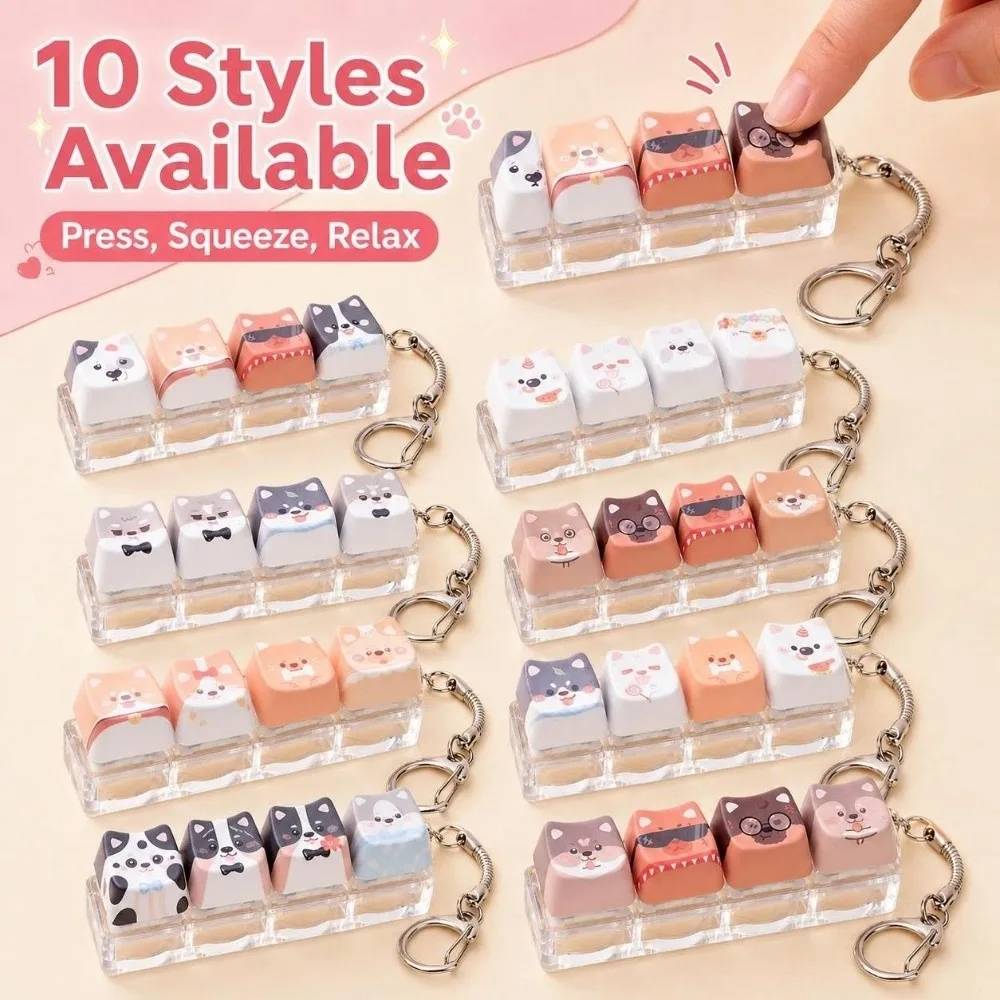 Relaxing 4 Keys Anti-stress Pendant Keyboard Keycap Creative Dog Keychain Mechanical Fidget Decompression Keyring Bag Charms