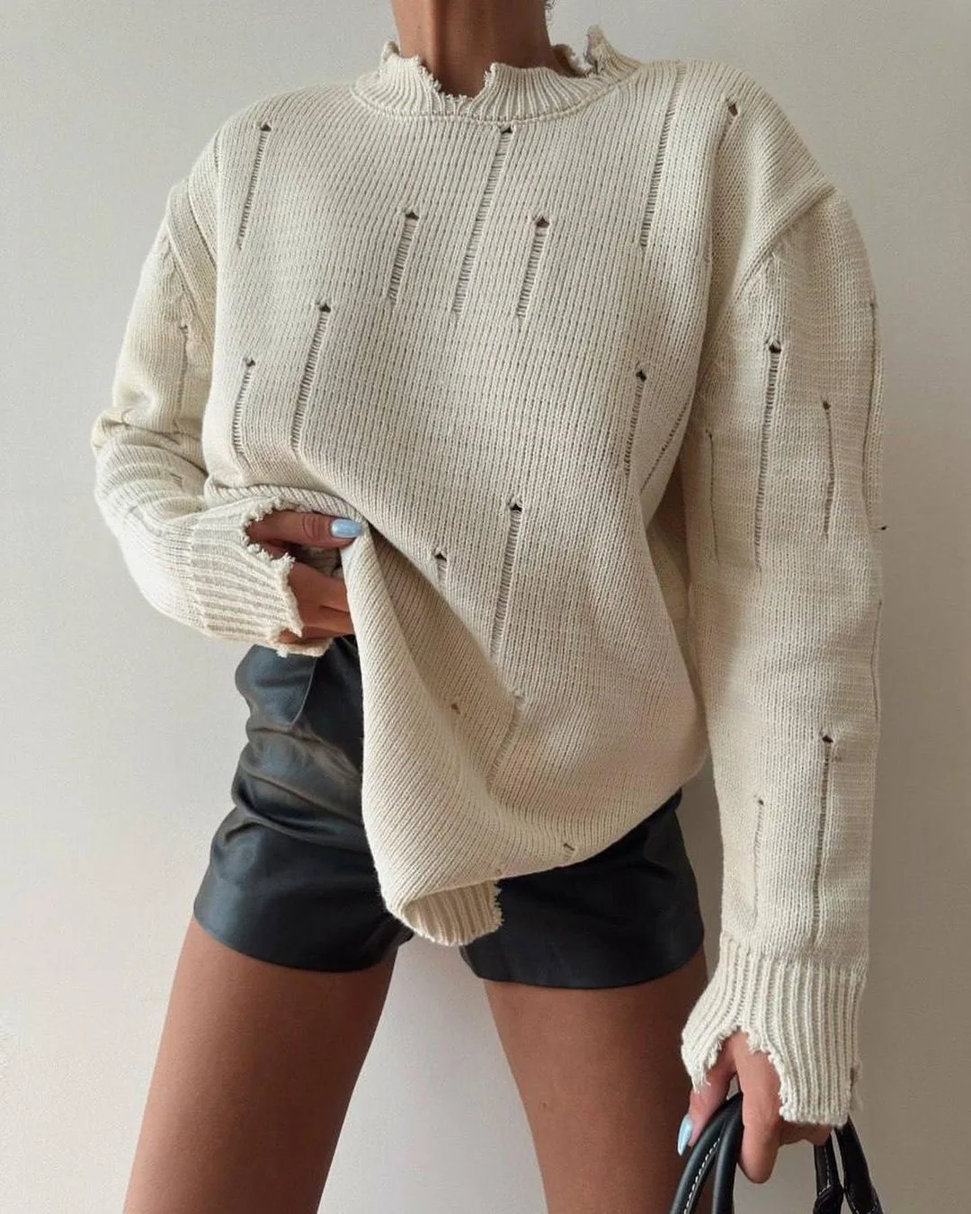 Women's Early Autumn New Loose Pullover Top Women's Handmade Frayed Round Neck Sweater women 2024 свитер женский