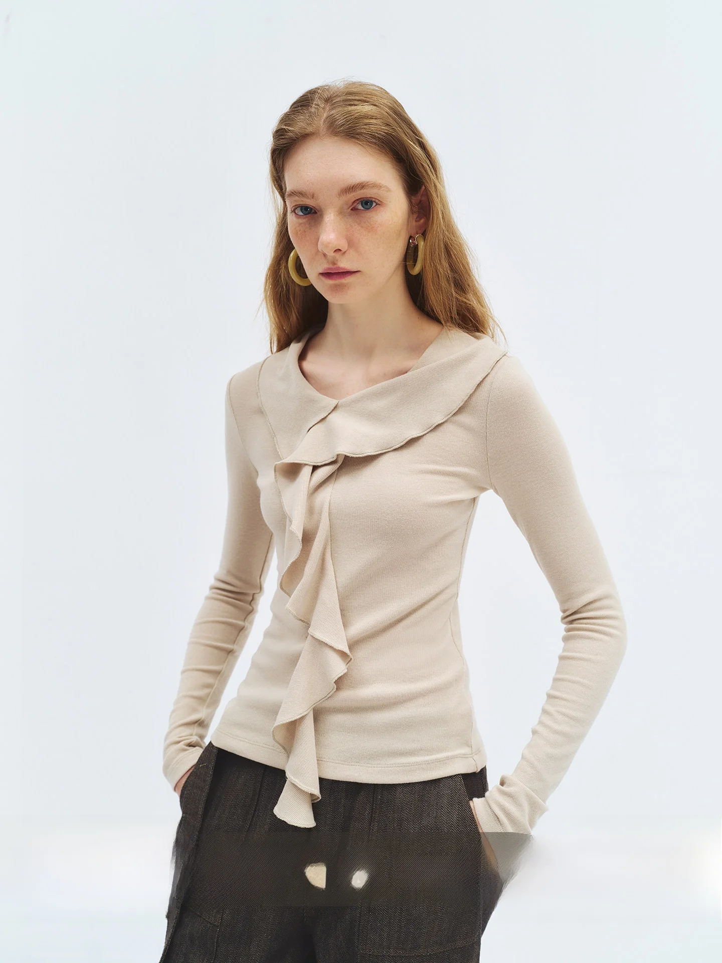 

Original Irregular Hem V-Ne oulder T-irt Knitted Cotton Soft Long Sve Casual Sle Women's Faion Top