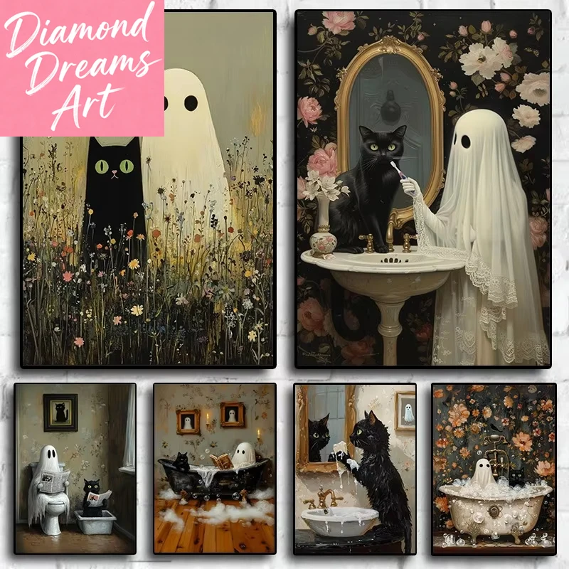 Frameless,DIY Diamond Painting Kits Crafts Cute Ghost and Black Cat Embroidery Wildflowers Spooky Mosaic Cross Stitch Christmas