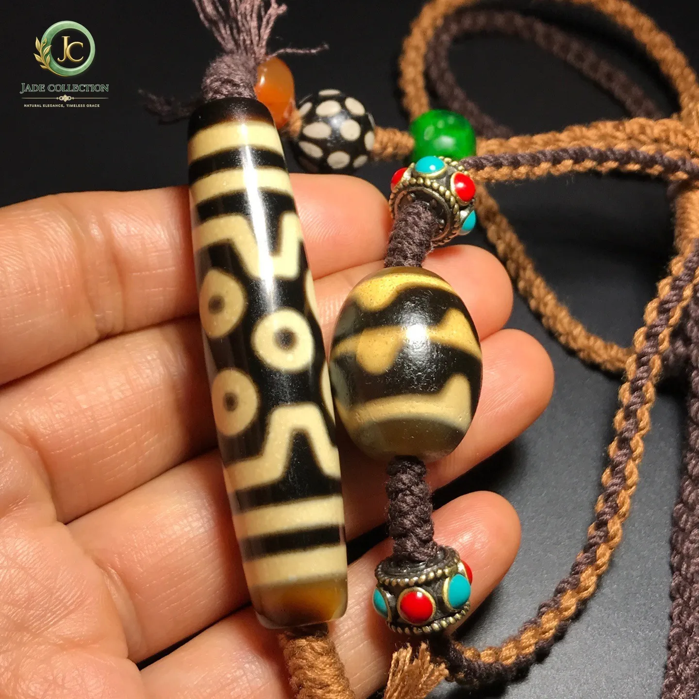 Tibetan Old Agate Dzi *7 Eyes Tiger Teeth* Beads Amulet Necklace J0326