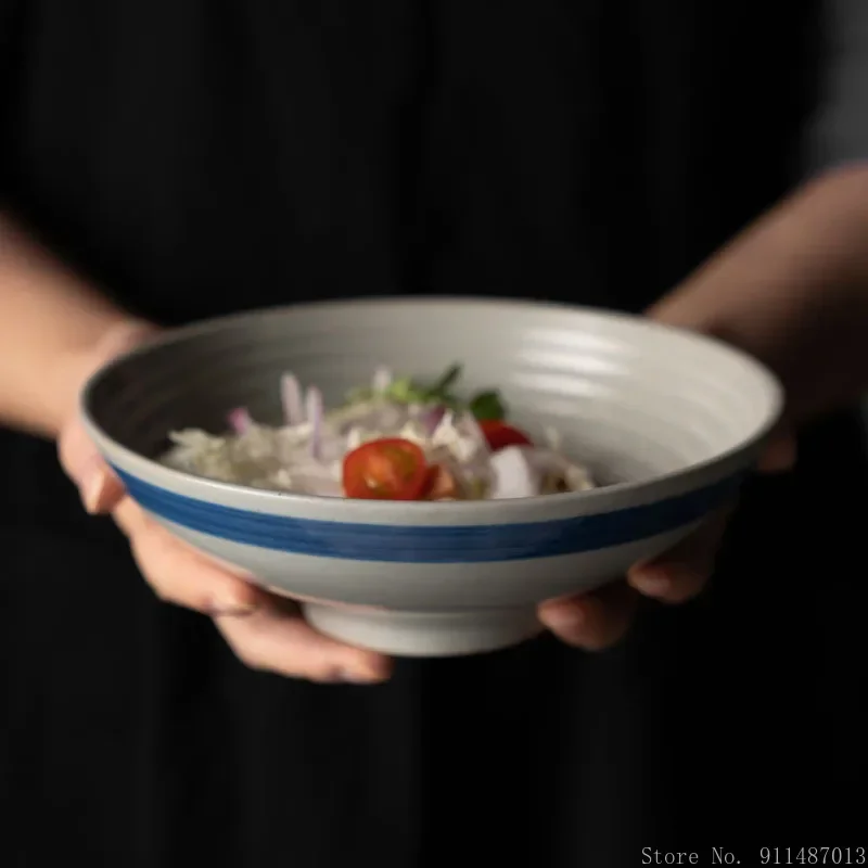 Creative Japanese Vintage Blue Edge Tableware, Kitchen Restaurant Supplies Food Salad Fruit Soup Deep Plate 7-inch Threaded Bowl