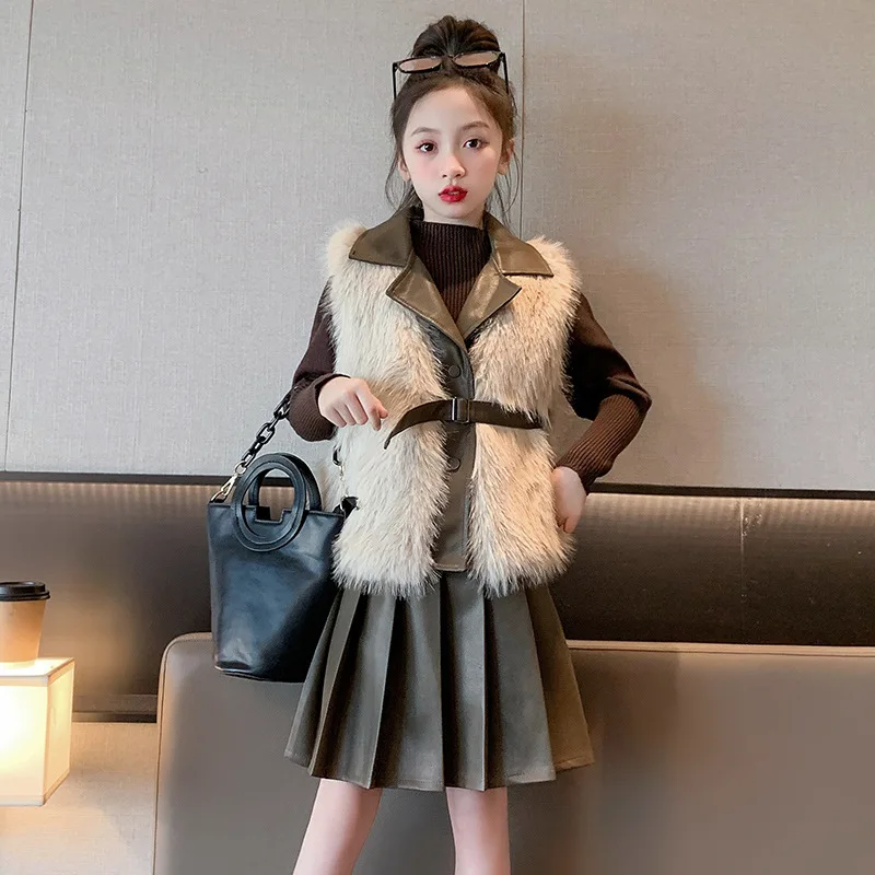 Girls Clothes Suit Winter Dress Set Dress Style Imitation Fur Vest Sweater Knit Leather Skirt Children Winter Three-piece Sets