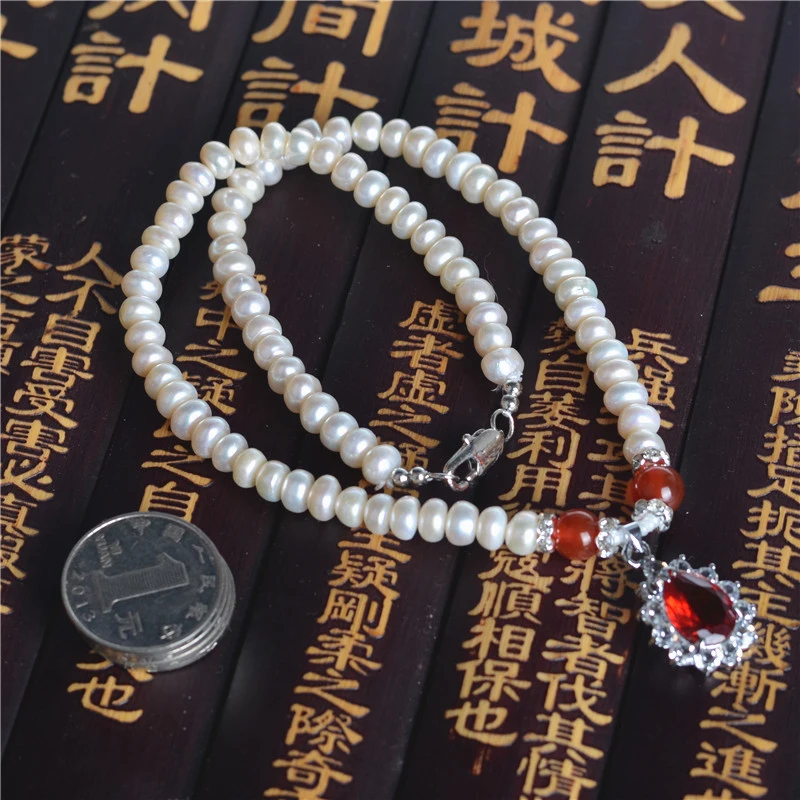 -8mm four-sided polished cultured pearl with faux red agate and ruby pendant necklace