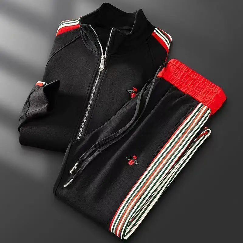 Luxury Casual Thermal Two-Piece Sportswear Set for Men High-End Zip Stand Collar Cardigan with Bee Embroidery Webbing Pants