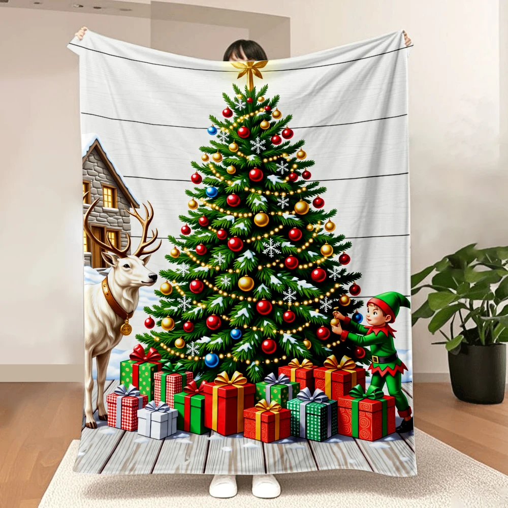 1PC Christmas Tree, Reindeer and Elf Print Blanket-Made of soft, fluffy flannel, perfect for the sofa or bed. Holiday options fo