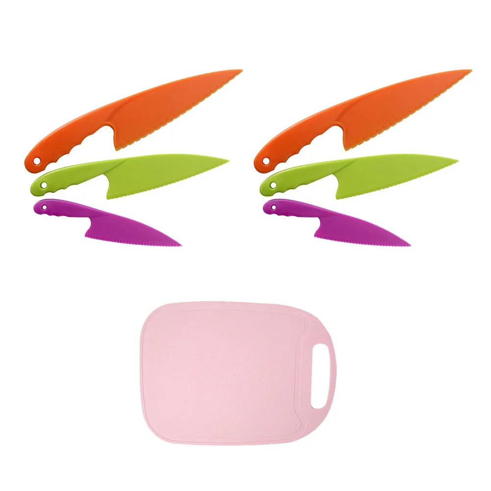 

2 set Plastic Cutting Board Set 2 Knives Safe Kids Cooking Fruit Meat Vegetable Fish Non Slip Bright Color