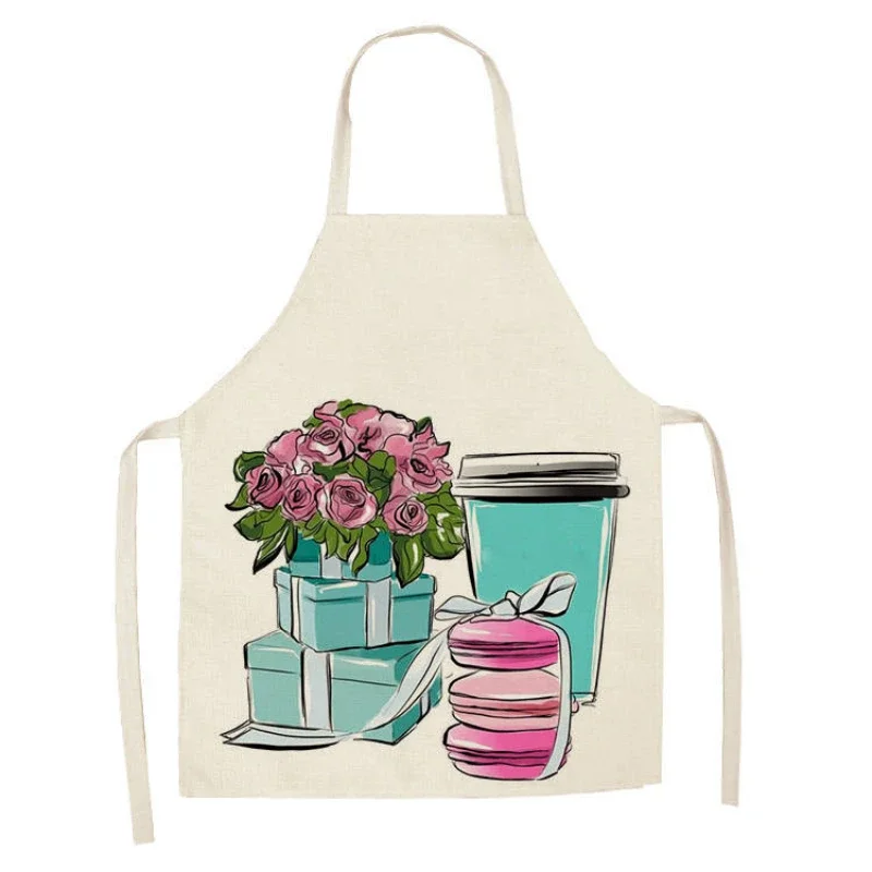 Linen Bib Hand Painted Floral Perfume Bottle Printed Apron Kitchen Antifouling Apron Unisex Dinner Cooking Bib Funny Apron