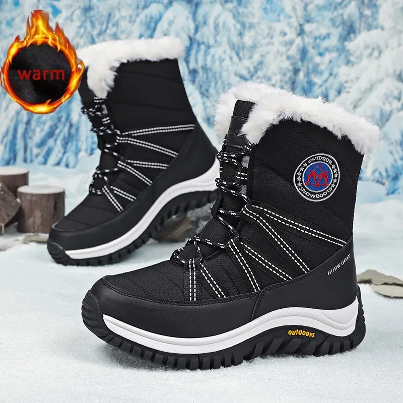 

Зимние женские ботинки высокого качества, теплые плюшевые зимние ботинки, нескользящие удобные ботильоны на шнуровке, уличные водонепроницаемые походные ботинки