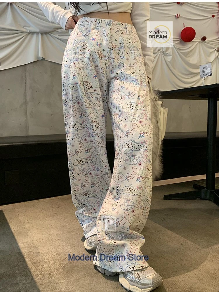 American high street design graffiti printed straight pants female summer fashion temperament niche casual loose wide-leg pants.