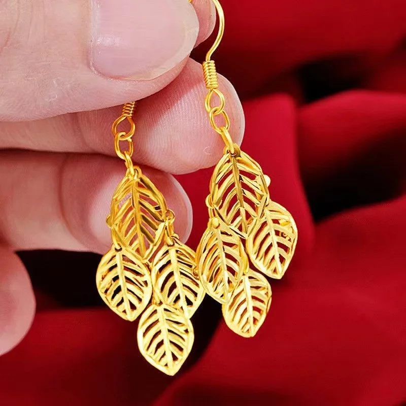 High Quality 999 Gold Earrings Pure Gold Hollow Leaf Earrings AU750 Real Gold Tassel Luxury Quality Jewelry for Women