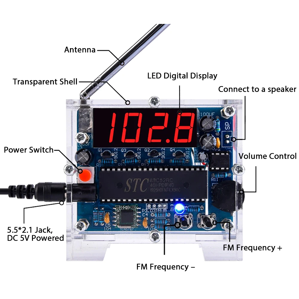LED Digital FM Radio DIY Kit SCM FM Radio Module Soldering Project Practice Kit 5W Speaker 87-108MHz Stepping Adjustment