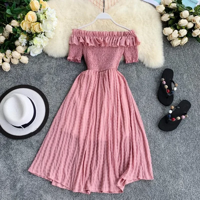 

korean Women Summer Dresses Plaid Slash Neck Off Shouder Solid Vestidos Ruffles A-line High Waist Dress Femme PZ1826