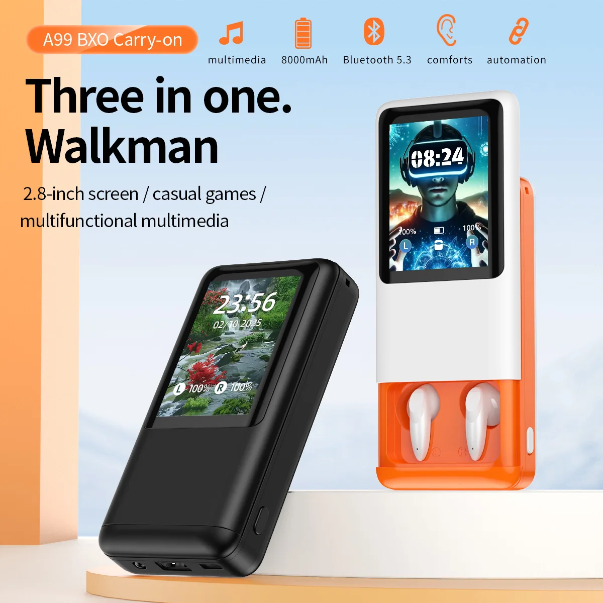 

3-in-1 Multifunctional Touch Screen Slide-Type Earphones 8KmAh Power Bank Large Battery Bluetooth Earbuds Emergency Flashlight