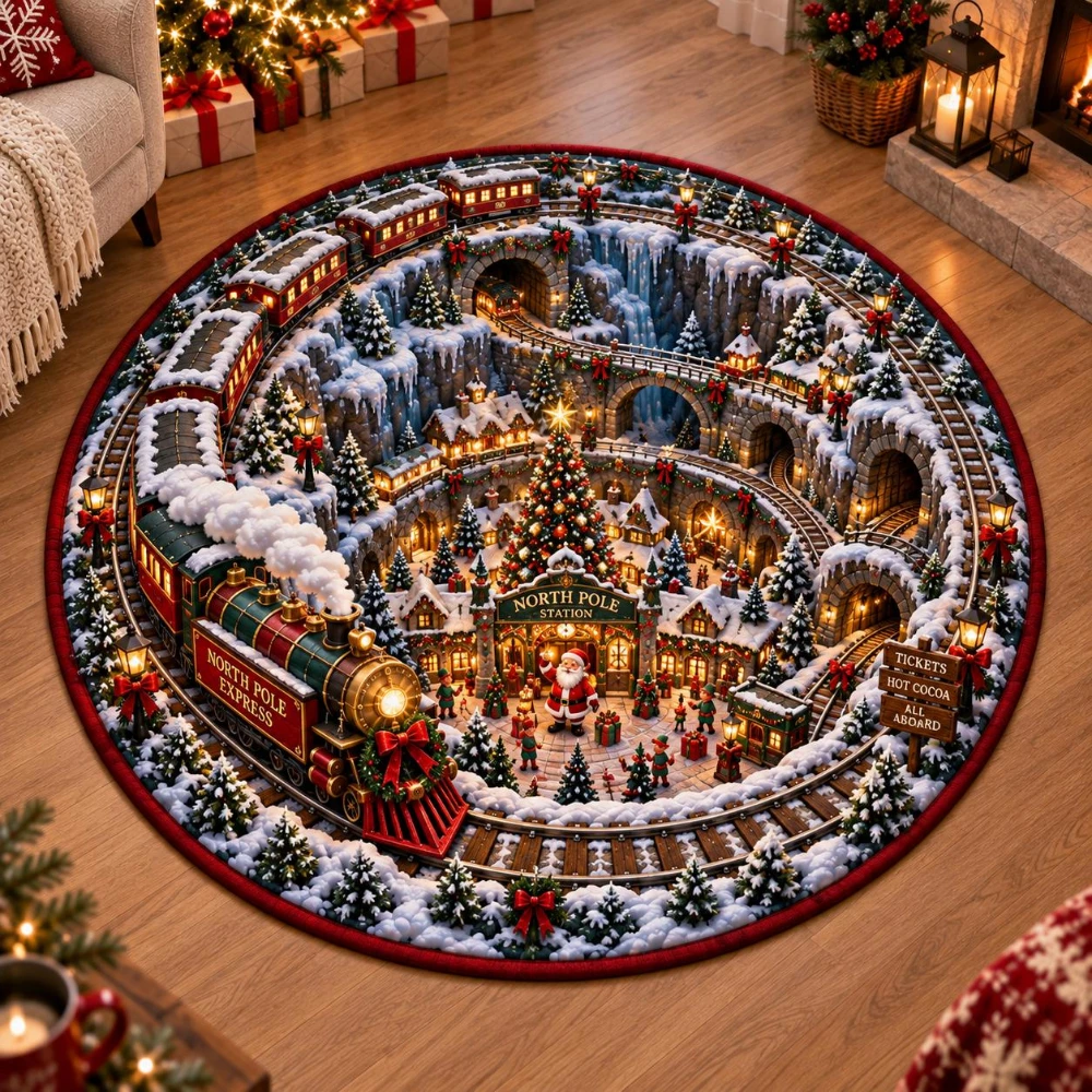 Vintage Santa Workshop Round Rug North Pole Brick Wall Area Rug Holiday Entryway Living Room Bedroom Soft Floor Mat
