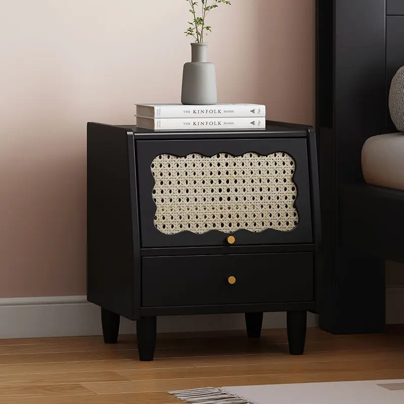 Retro Bedside Table Small Household Rattan Storage Bedroom Small Cabinet Bedside Locker Nightstands for Bedroom  Mesas De Noche