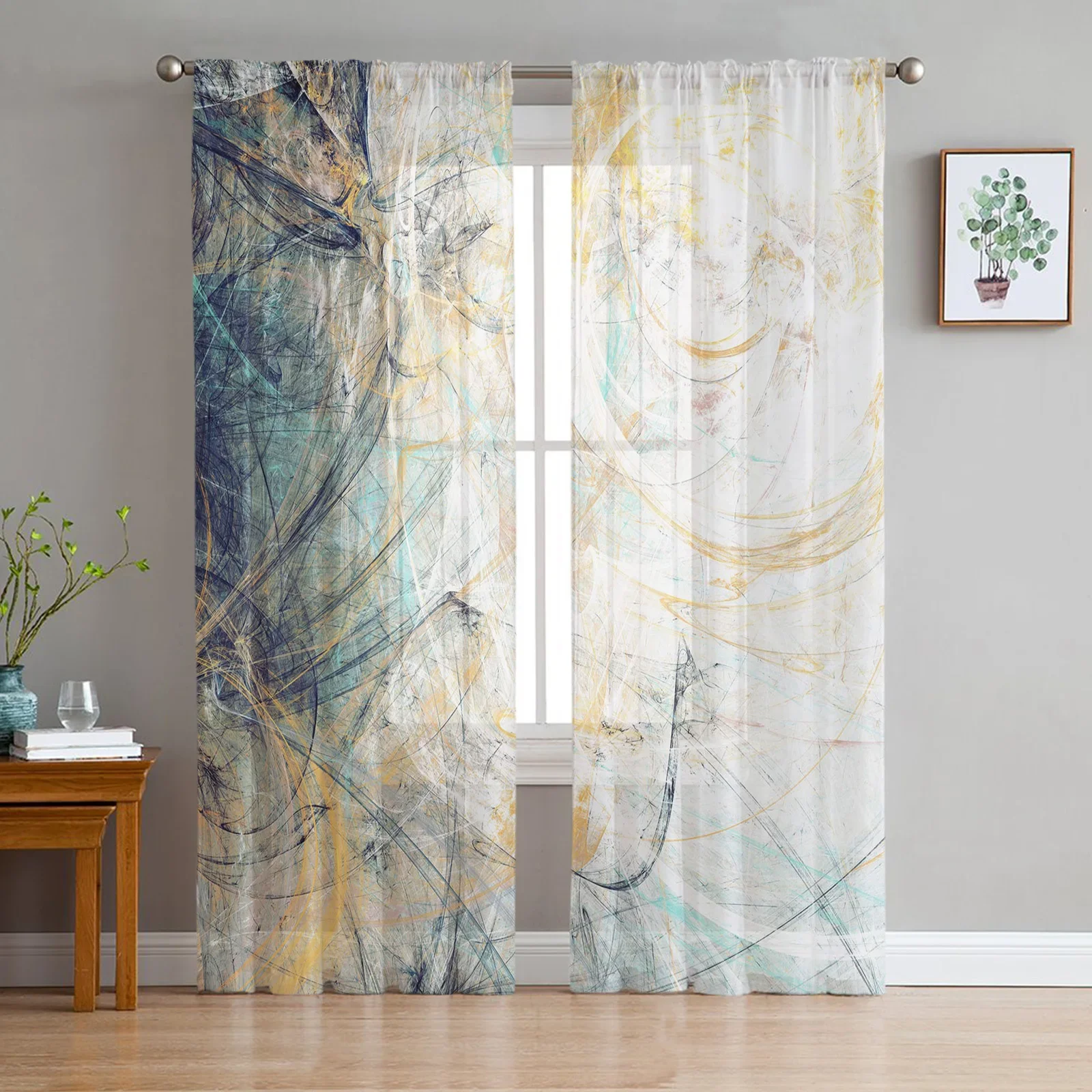 Luxury Tulle Curtains Art Paint Modern Retro Living Room Kitchen Chiffon Curtain Youth Bedroom Sheer Floor Valance Curtain