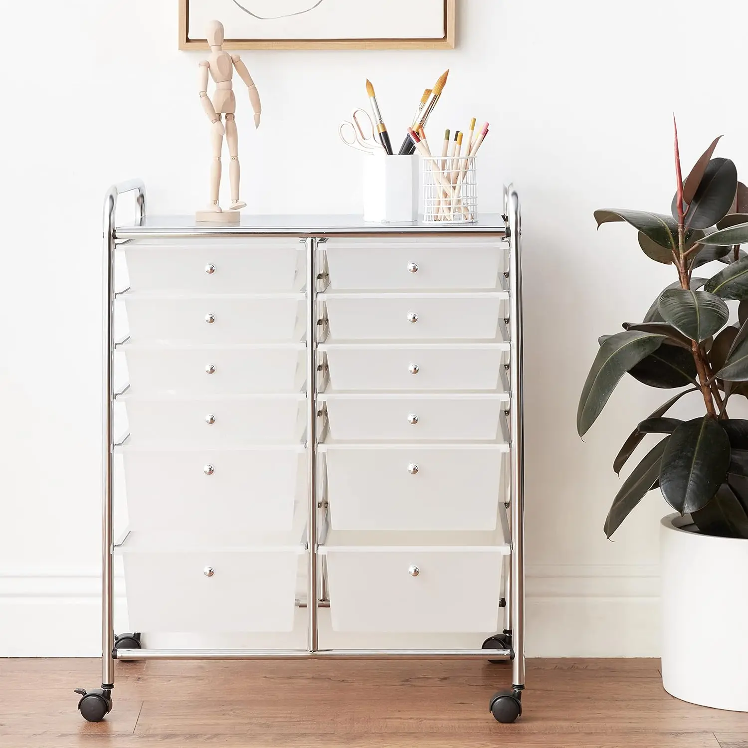 Chrome and Plastic 12-Drawer Storage Cart