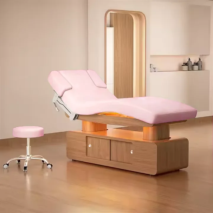 

Modern Thai Luxury King Size Professionnel Salon Lash Bed Chair electric Wooden Beauty table De massage Bed Pink