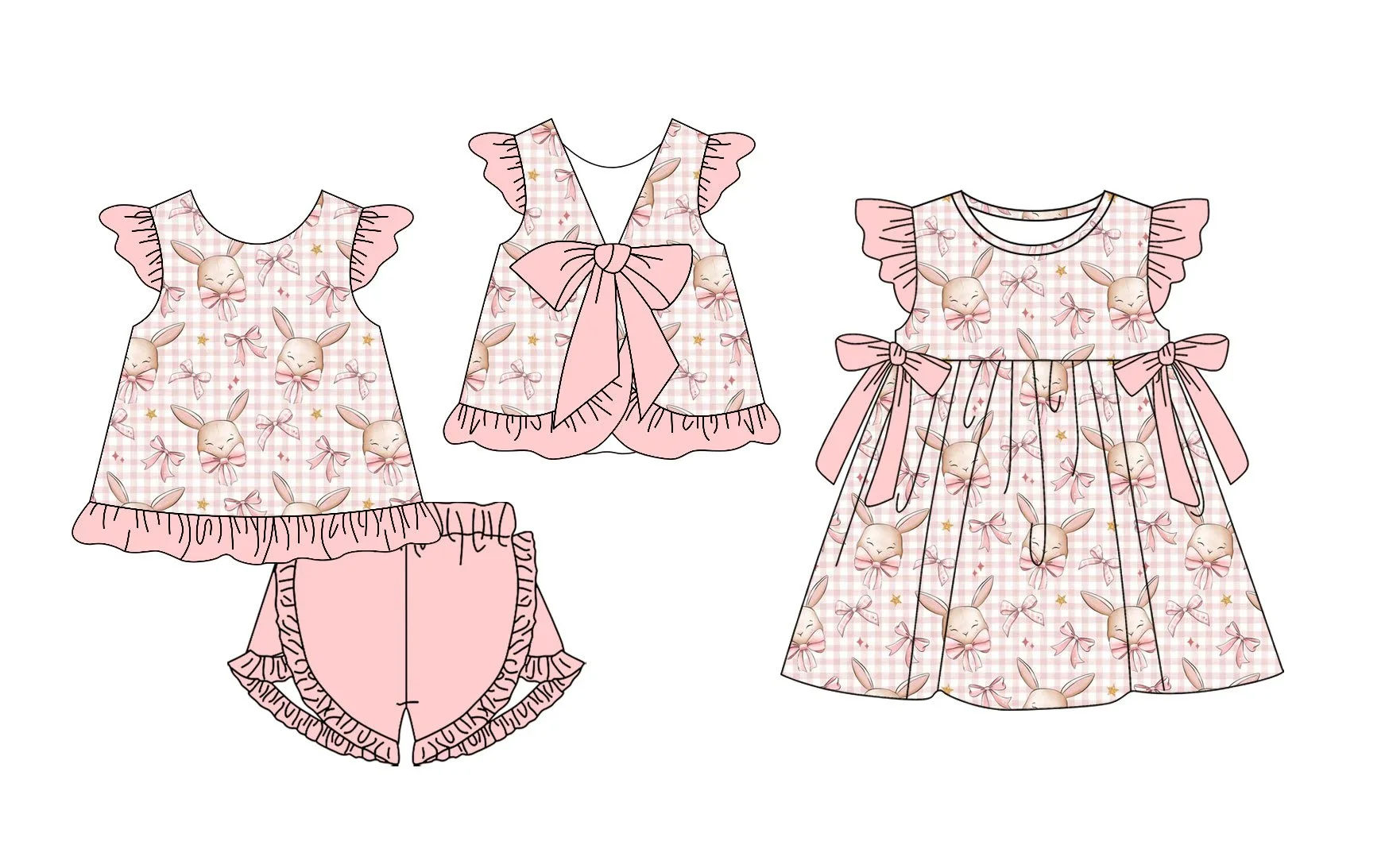 

Easter short-sleeved shorts set for girls with bow embellishment bunny print matching dress milk silk fabric wholesale