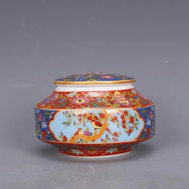 Chinese Red Enamel Porcelain Pot Flowers Bird Jar Tea Caddy 4.13" decoration craft