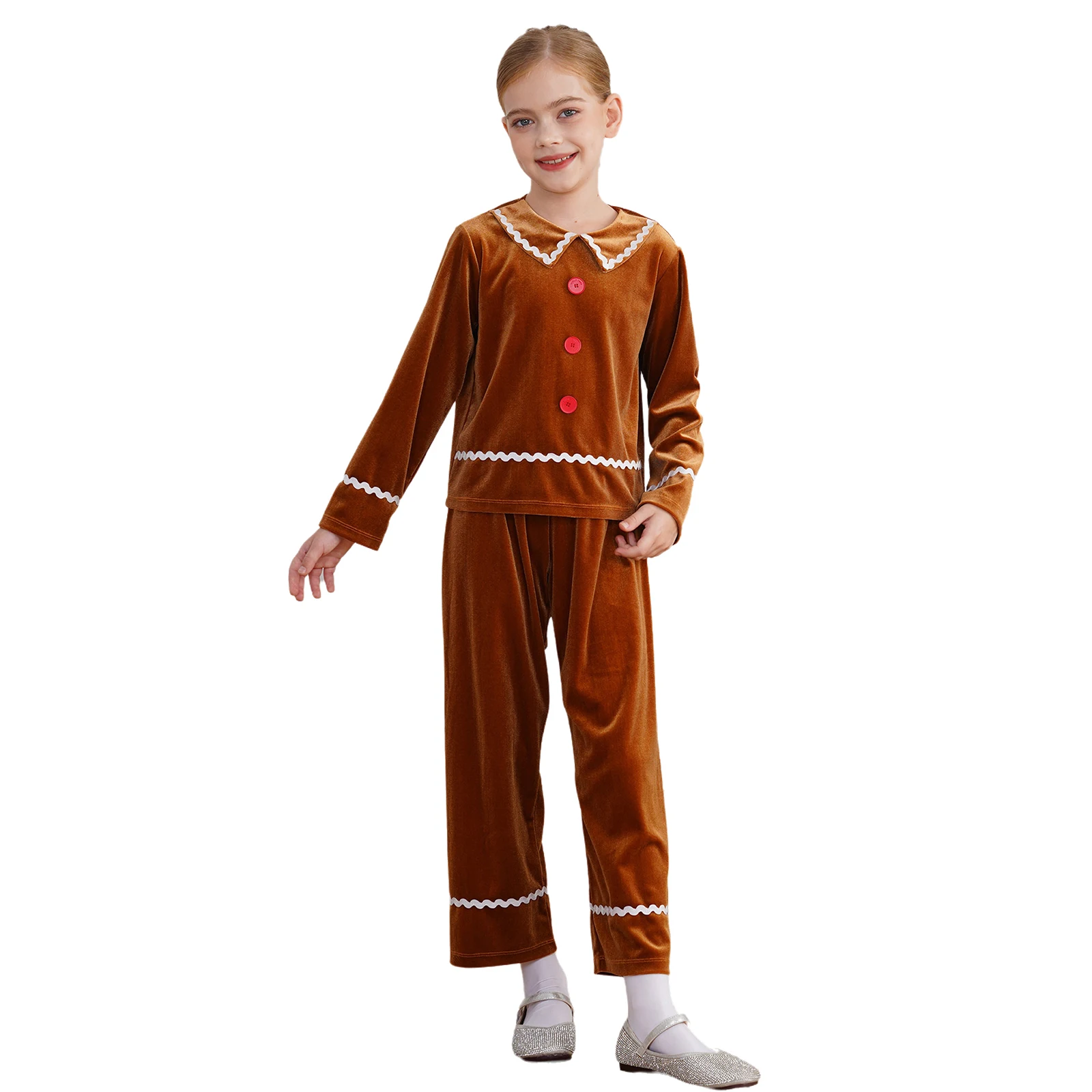 Girls Christmas Cookie Gingerbread Man Pajama Set Costume Velvet Long Sleeve Top wit Long Pant Holiday Pjs Party Costume