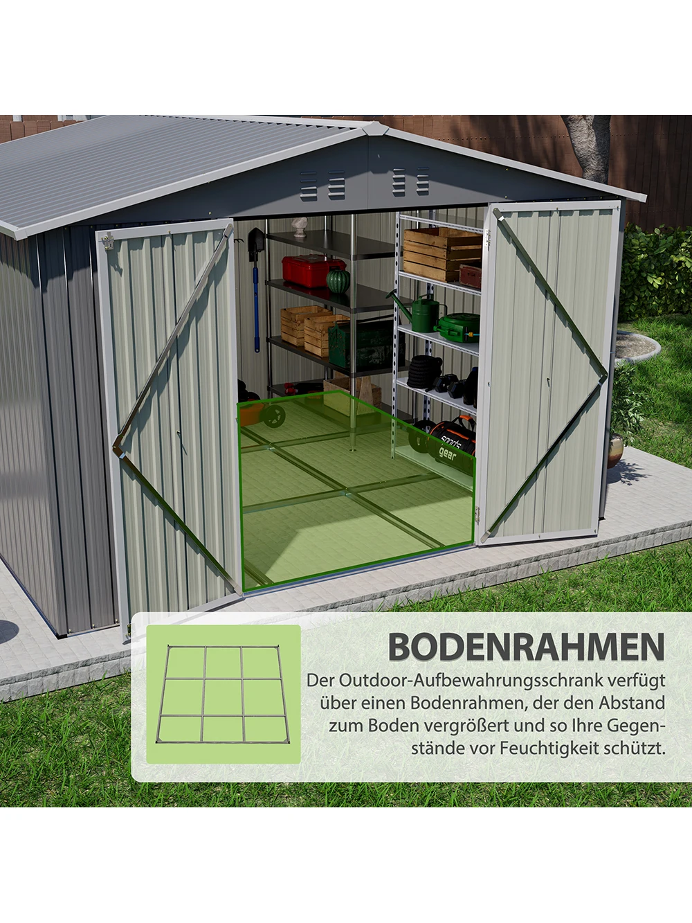 300×300×300cm robuster Metall-Geräteschuppen mit Bodenrahmen, grauer wetterbeständiger Stahlgartenschuppen, abschließbare Türen für Sicherheit und einfachen Zugang, feuchtigkeitsbeständiges