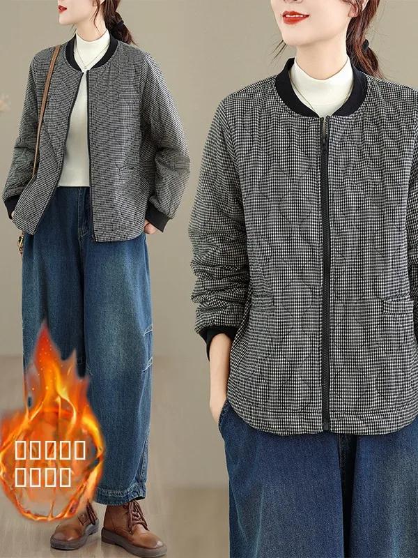

Новая женская зимняя удлиненная куртка свободного кроя в клетку из хлопка, с круглым вырезом и молнией, в китайском стиле, больших размеров