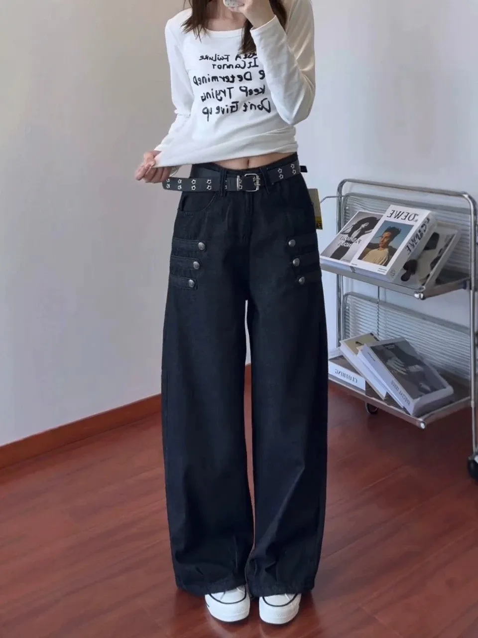 plus Size American Retro Double Side Button Denim Pants Women's New Court Style Loose Slimming Casual Wide Leg Long Trousers