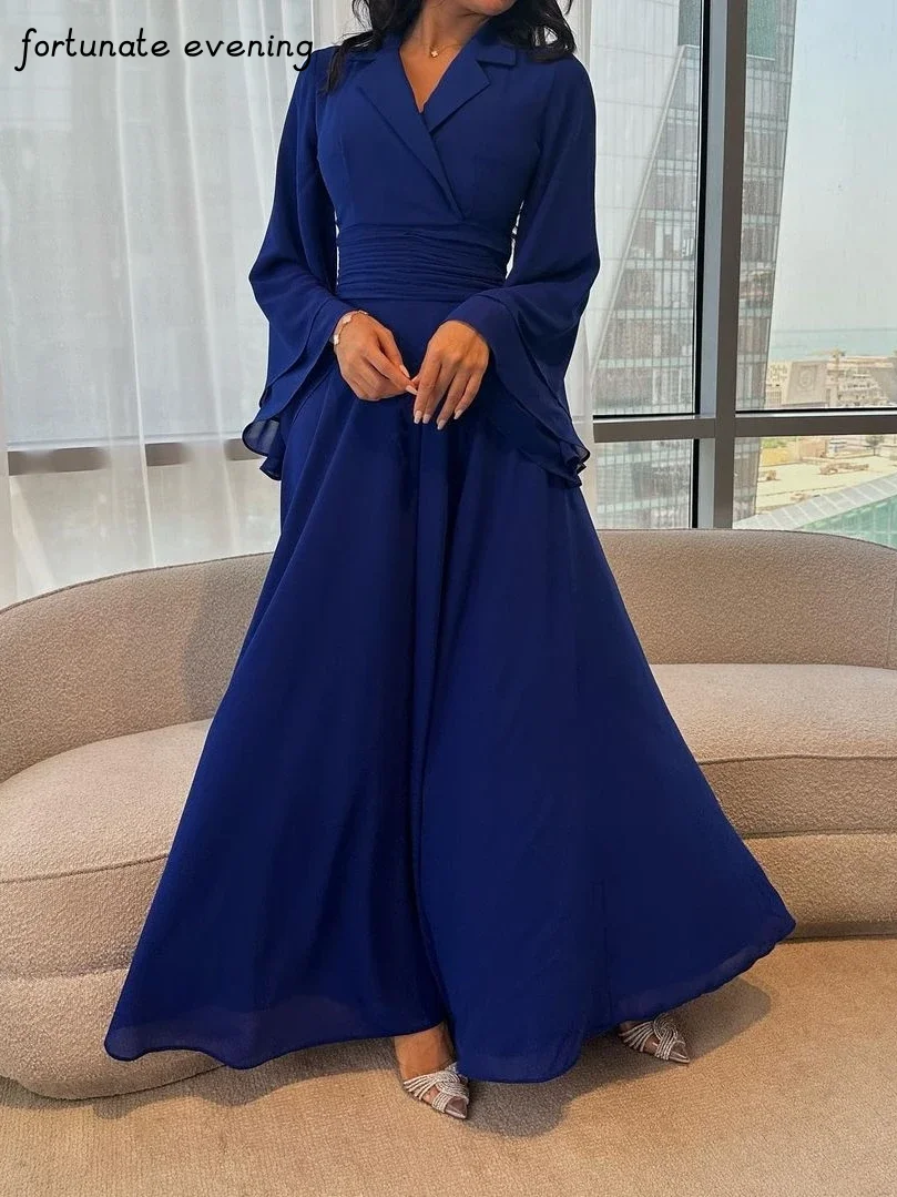 Fortunate Evening Elegant Vintage Dark Blue V-Neck Ruffles A-Line Ankle Length Formal Occasion Prom Dress Evening Party Gowns