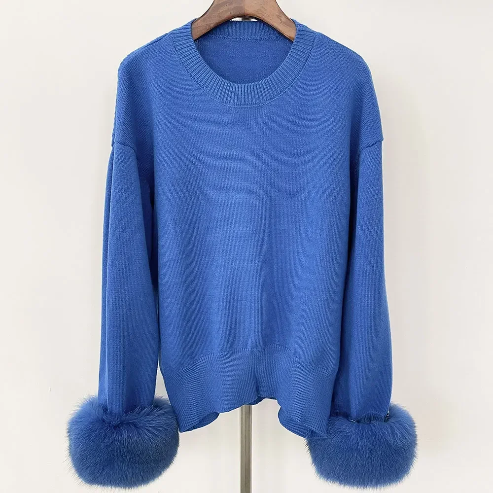 2024 Autumn Winter Knitted Sweaters with Detachable Natural Fox Fur Sleeves Women New Fashion Slim Fit Sweaters