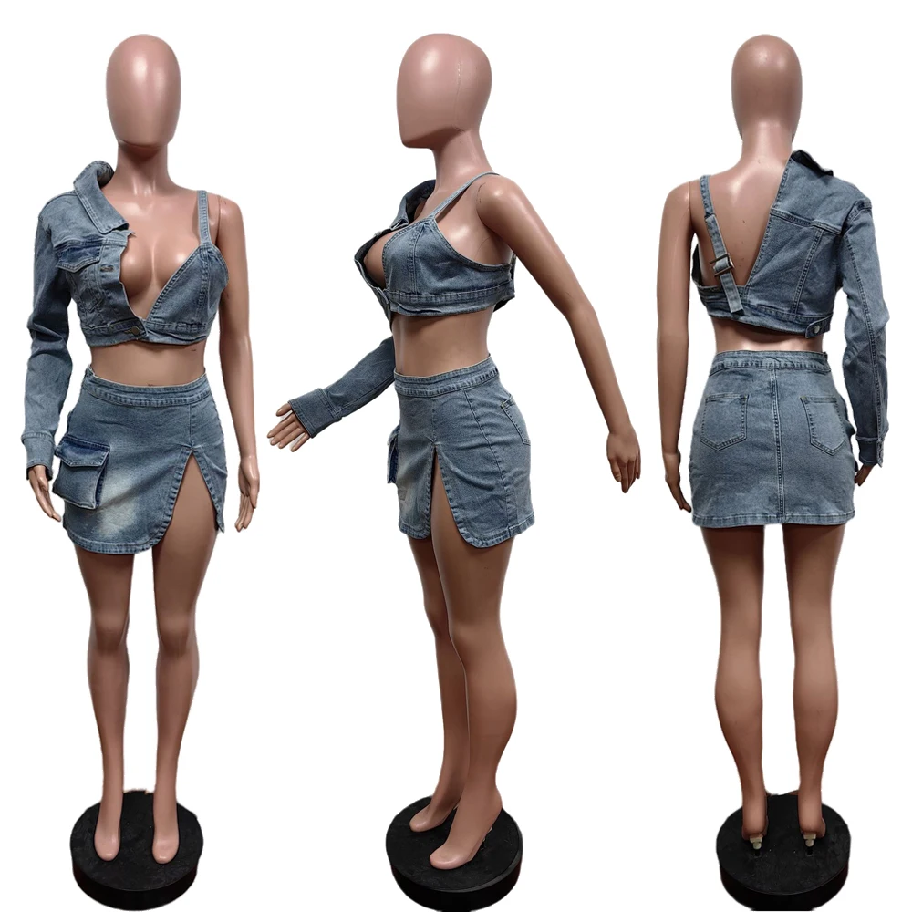 Women Jean Outfit Sexy Asymmetrical One Shoulder Bra Jacket and Mini Split Skirt Set 2024 Summer Femme Denim 2 Two Piece Sets