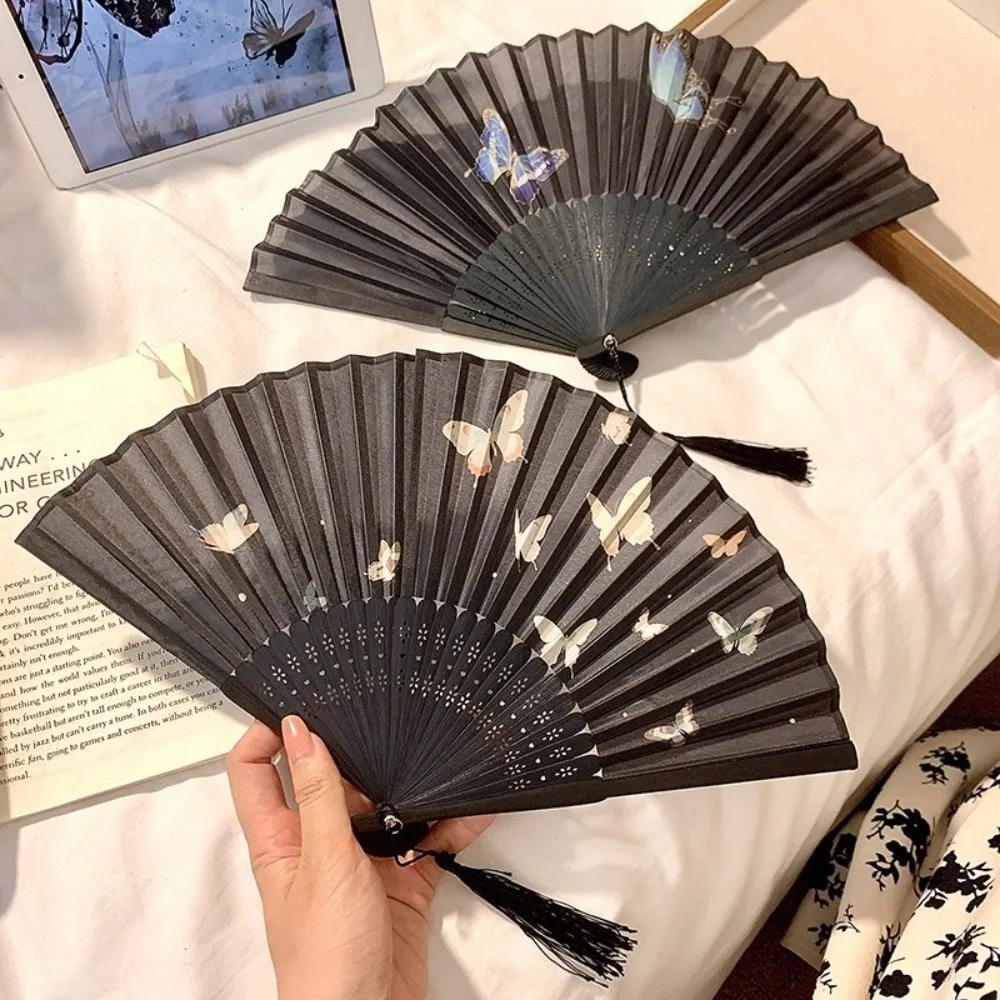 Ancient Style Ink Dan Qing Folding Fan Butterfly Pattern Portable Hand Cranked Fan New Chinese with Tassels Dance Fan Travel