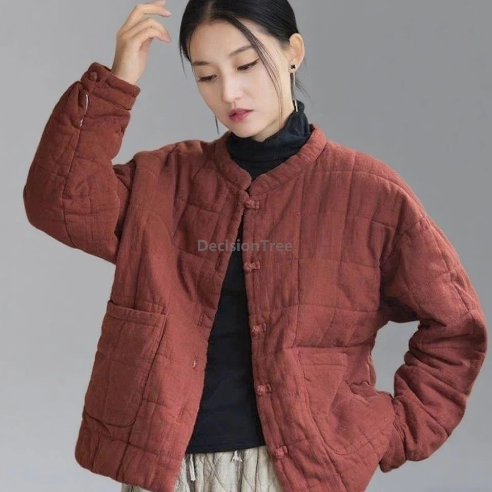 

2025 женское хлопковое льняное пальто с воротником-стойкой, новая зимняя модная литературная художественная хлопковая одежда, элегантная однотонная куртка