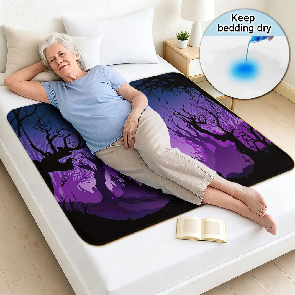 Washable & Reusable Care Urine Pad, Purple Trees Silhouette Against Dark Night Sky, 2D FLAT Printing Incontinence Bed Pad