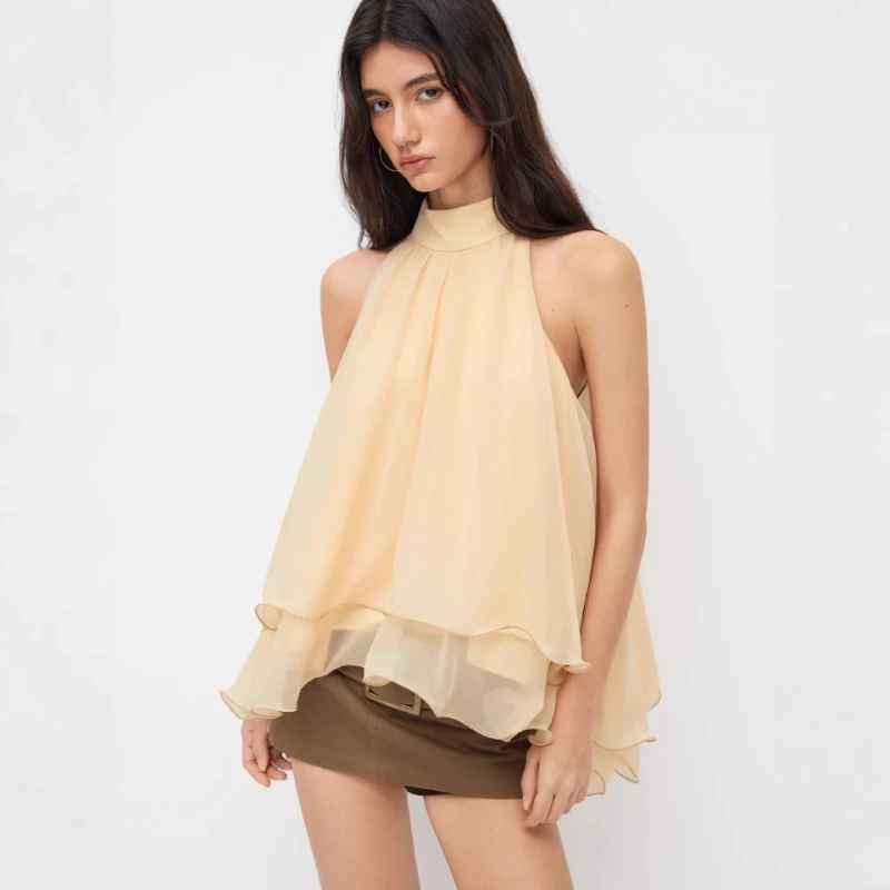 

2026 Summer New Hot Selling Hanging Neck Chiffon Off Shoulder Spicy Girl Loose Ruffle Edge Top