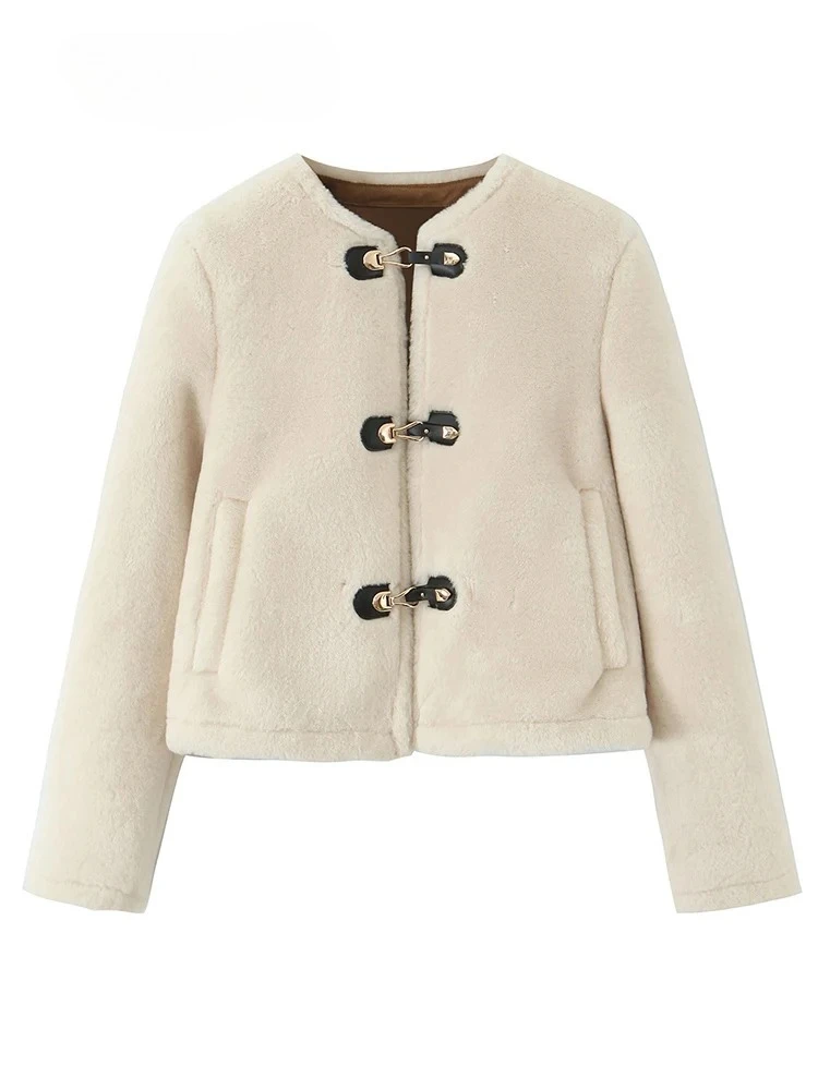 

Long Sleeved Single Breasted Round Neck Coats Chic Ladies Streetwear Tops 2025 Winter Women Faux Fur Warm Jackets Fashion