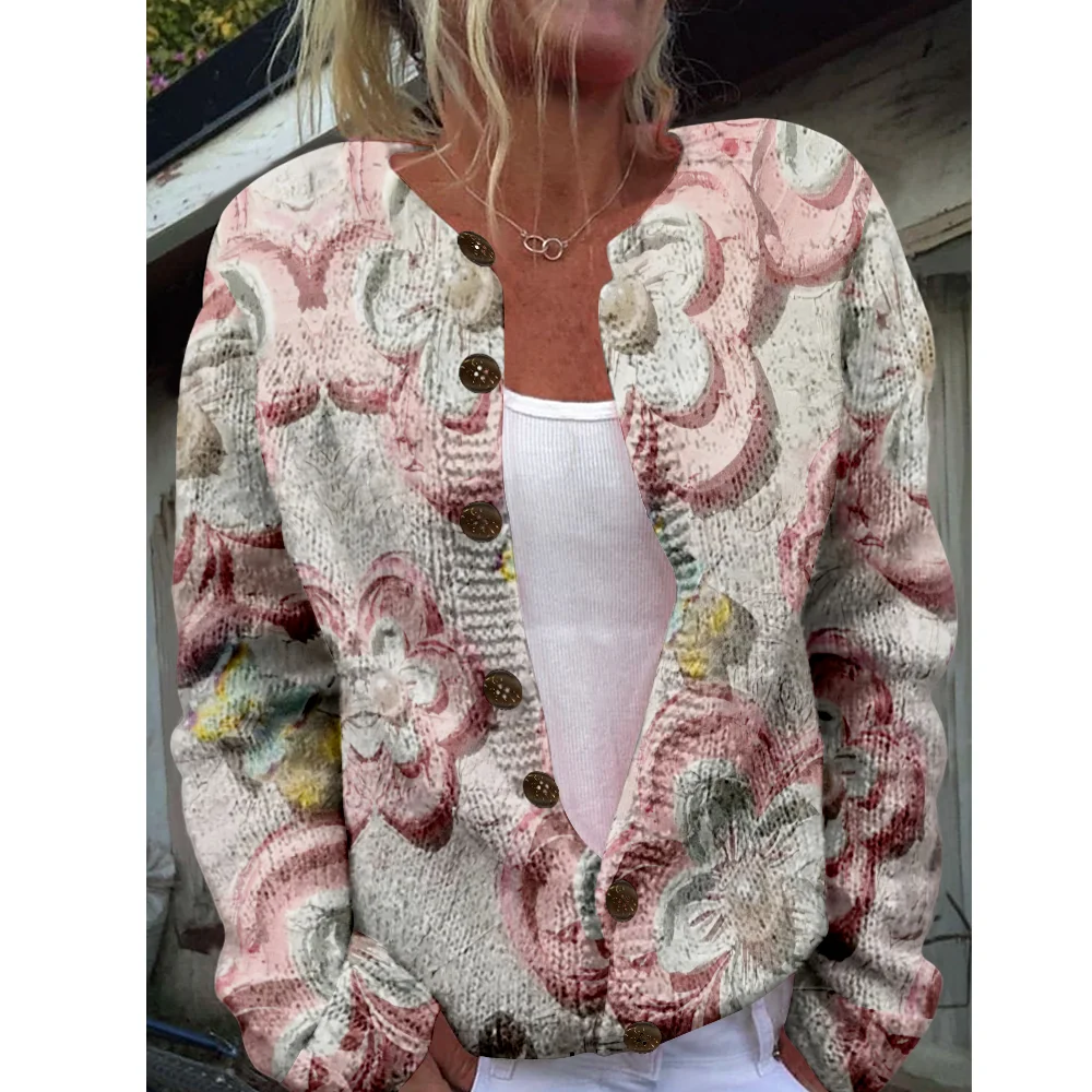 

Осень-зима вязаный милый кардиган с цветочным принтом, свитер, уличная одежда, женские свитера, вязаный топ, повседневные крутые джемперы, модные