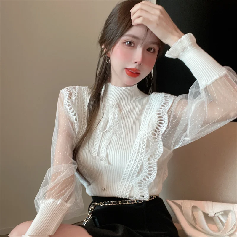 Sexy Long Sleeve Stand Black Chiffon Shirts Short Slim Vintage Blusas Mujer Patchwork Blouse White Mesh Dot Polka Knitted Top