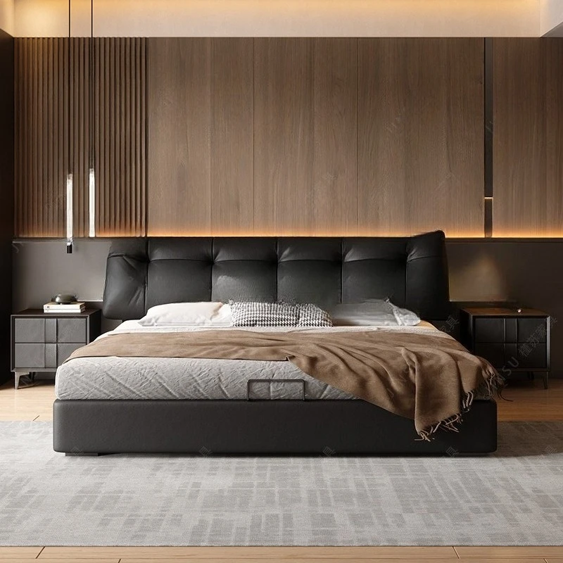 

The first layer of cowhide retro bed, simple modern light luxury double leather art bed