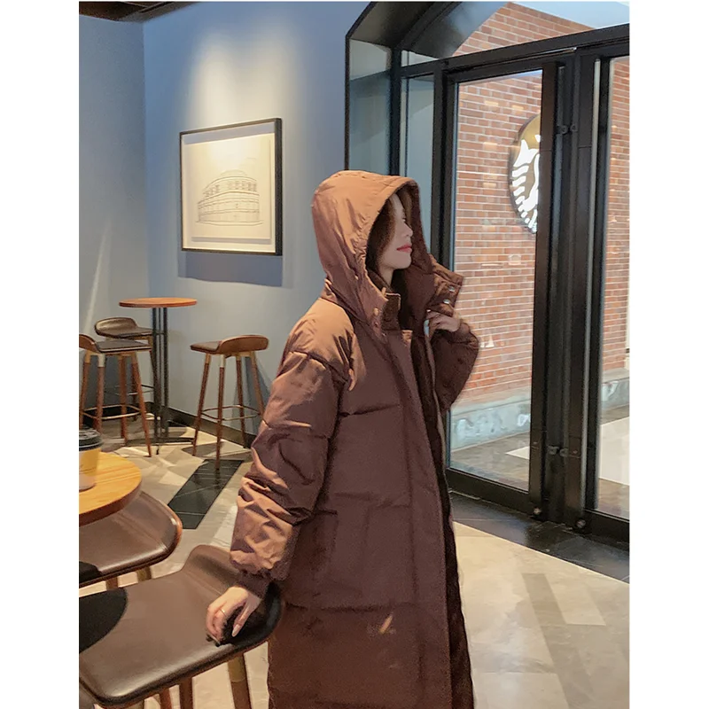 Women Brown Medium Length Down Black Jacket Hooded Coat Fashion Windproof Thicken Duck Down Feather Female Puffer Winter Outwear