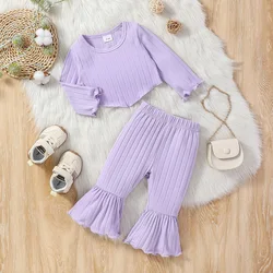 2Pcs Baby Girl Outdoor Fall Clothing Children Fashion Long Sleeve T-shirt + Wide-Leg Flared Pants Solid Suits