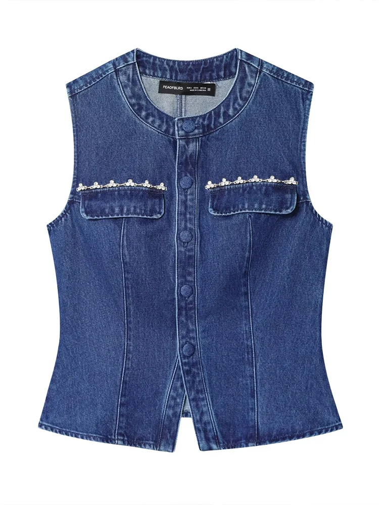 

European style new women's fashion versatile temperament simple solid color round neck single breasted denim vest
